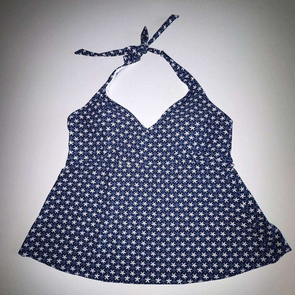 Lands' End Blue White Floral Halter Tankini Swim Top Size Large Wirefree